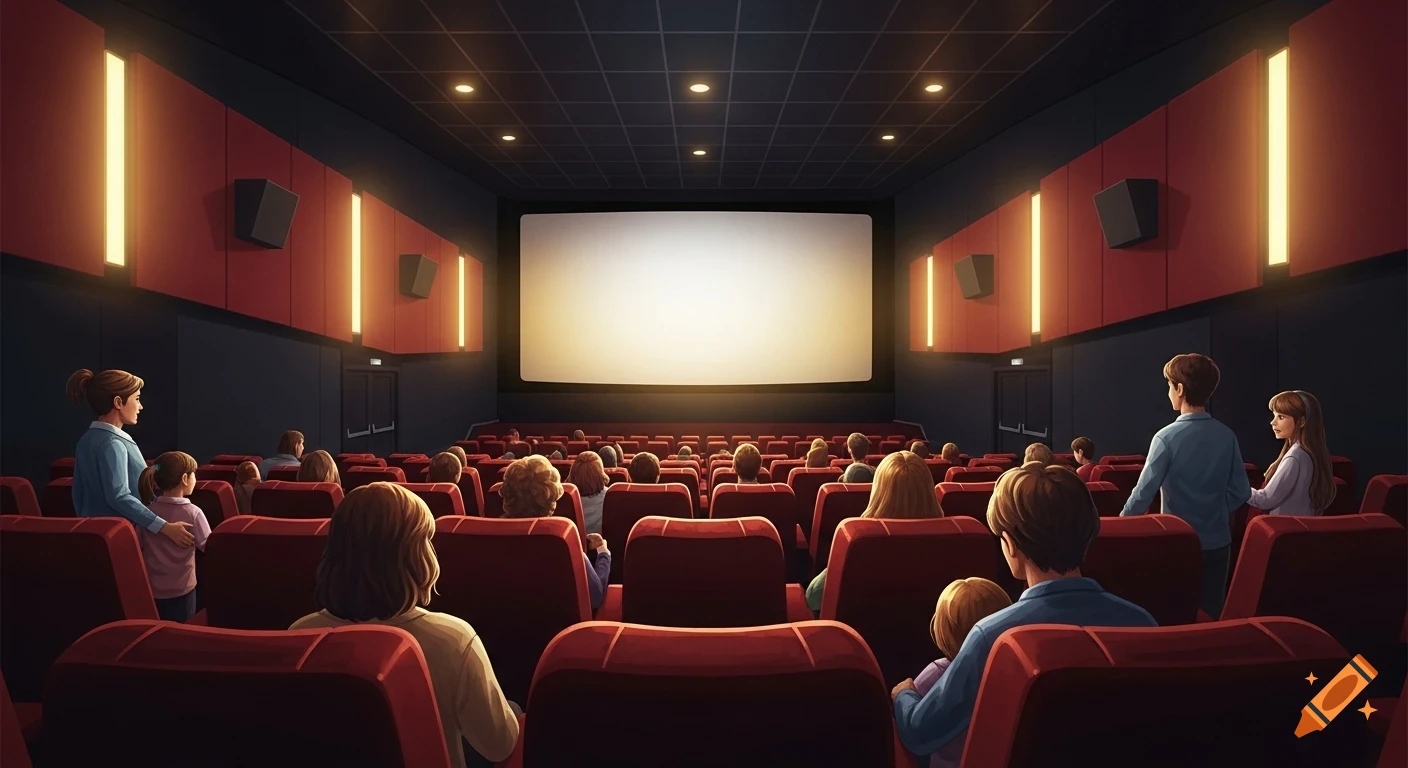 Illustration of a modern cinema hall with red seats, an audience including families, and a blank screen.
