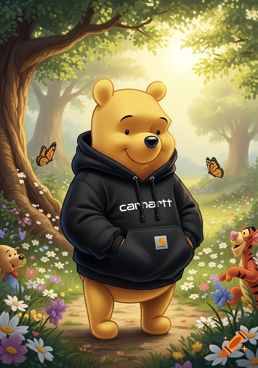 A cartoon Winnie the Pooh wears a black Carhartt hoodie, standing in a sunny, flower-filled forest with Tigger and Piglet nearby.