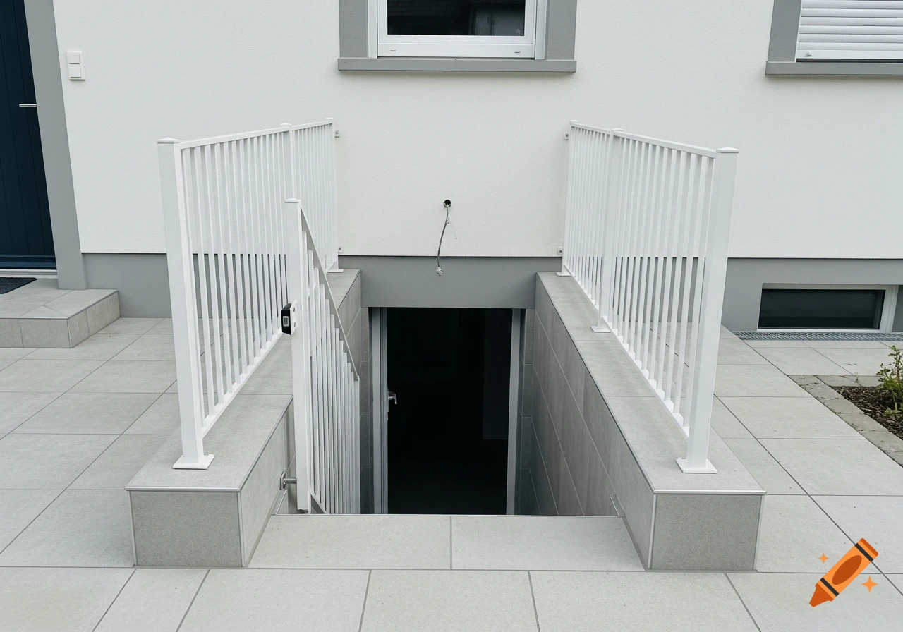A modern exterior basement entrance with white railings and light gray tiled ground, featuring a white house facade above.