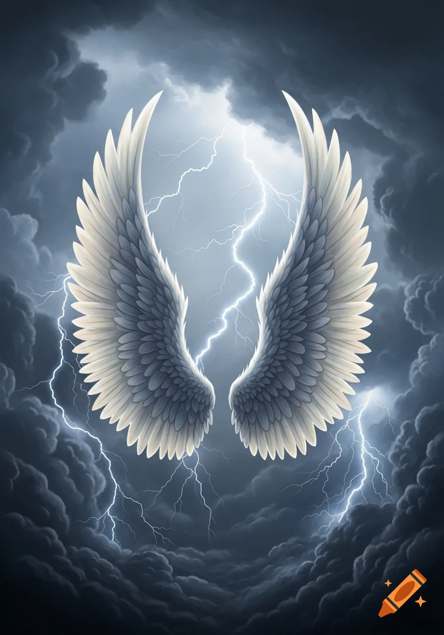 Large white angel wings framed by dark storm clouds and bright lightning.