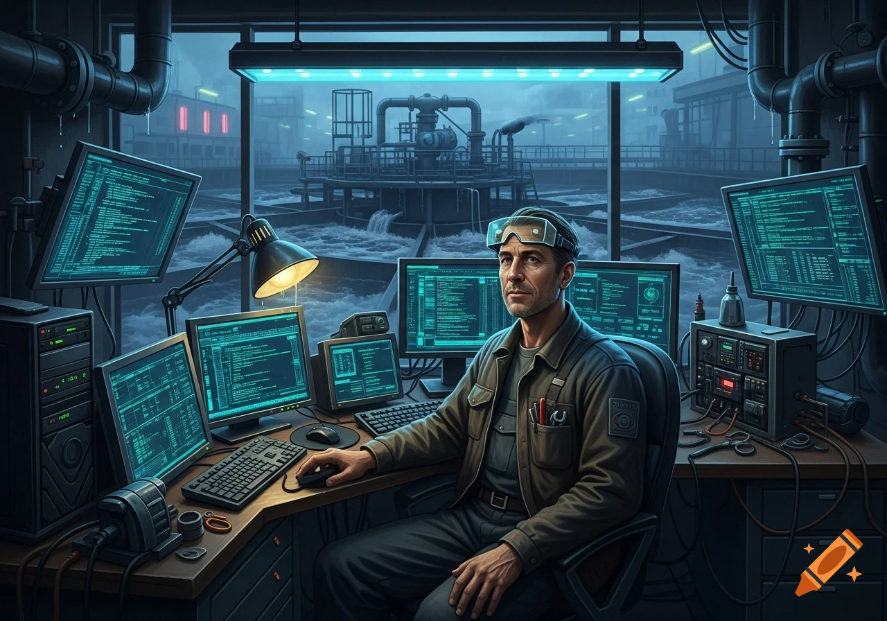 A man in goggles at a desk with multiple computer screens displaying code, overlooking an industrial wastewater facility.
