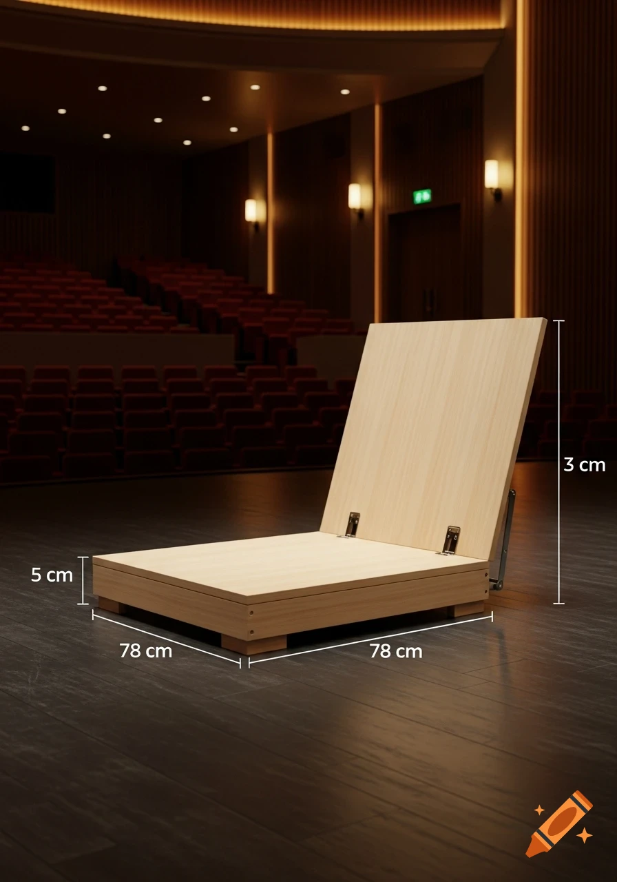 A light wooden, foldable platform chair with dimensions 78 cm, 5 cm, and 3 cm labeled, placed on a dark stage with red theater seats in the background.