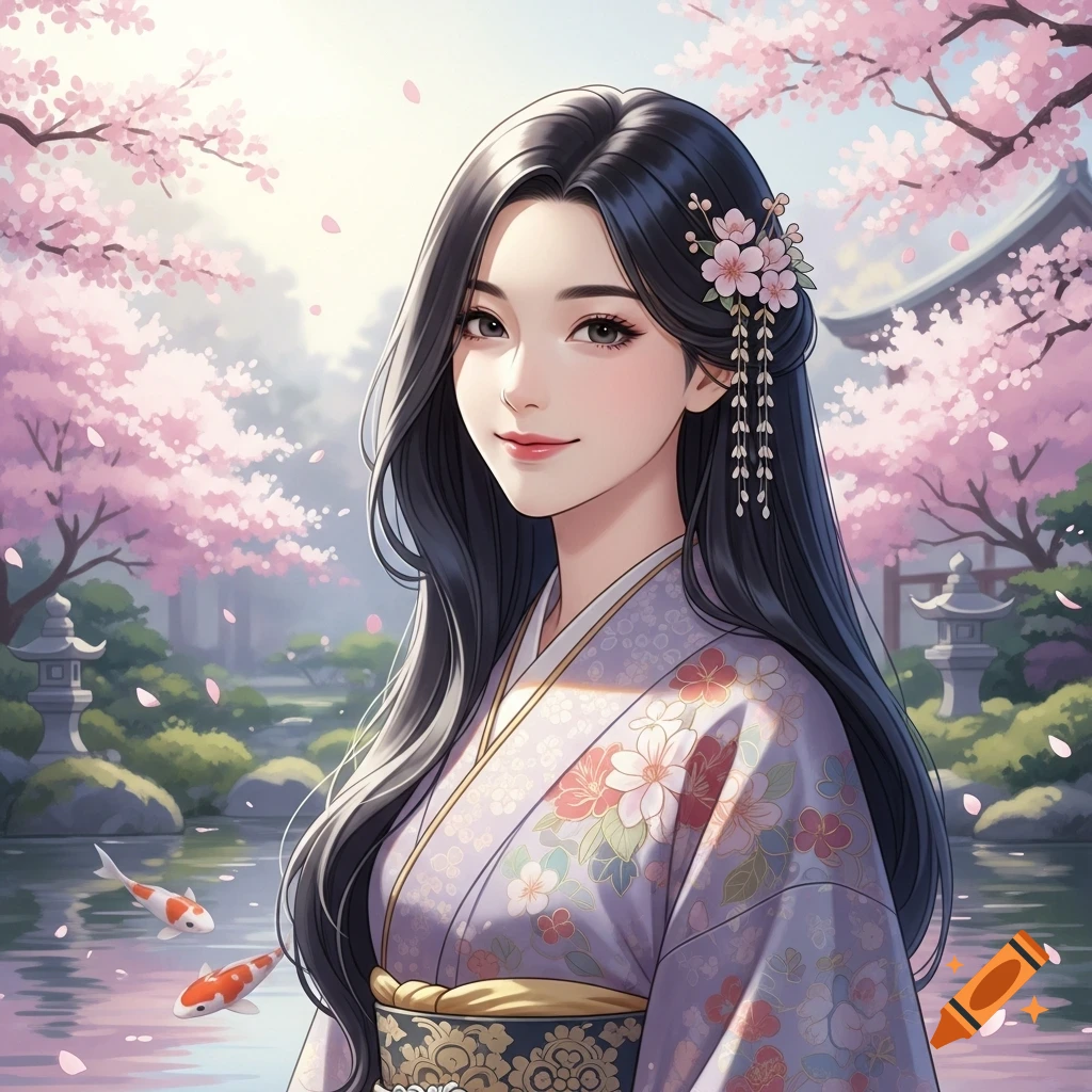 An anime-style woman with long dark hair, wearing a purple floral kimono, smiles in a Japanese garden with cherry blossoms and koi fish.