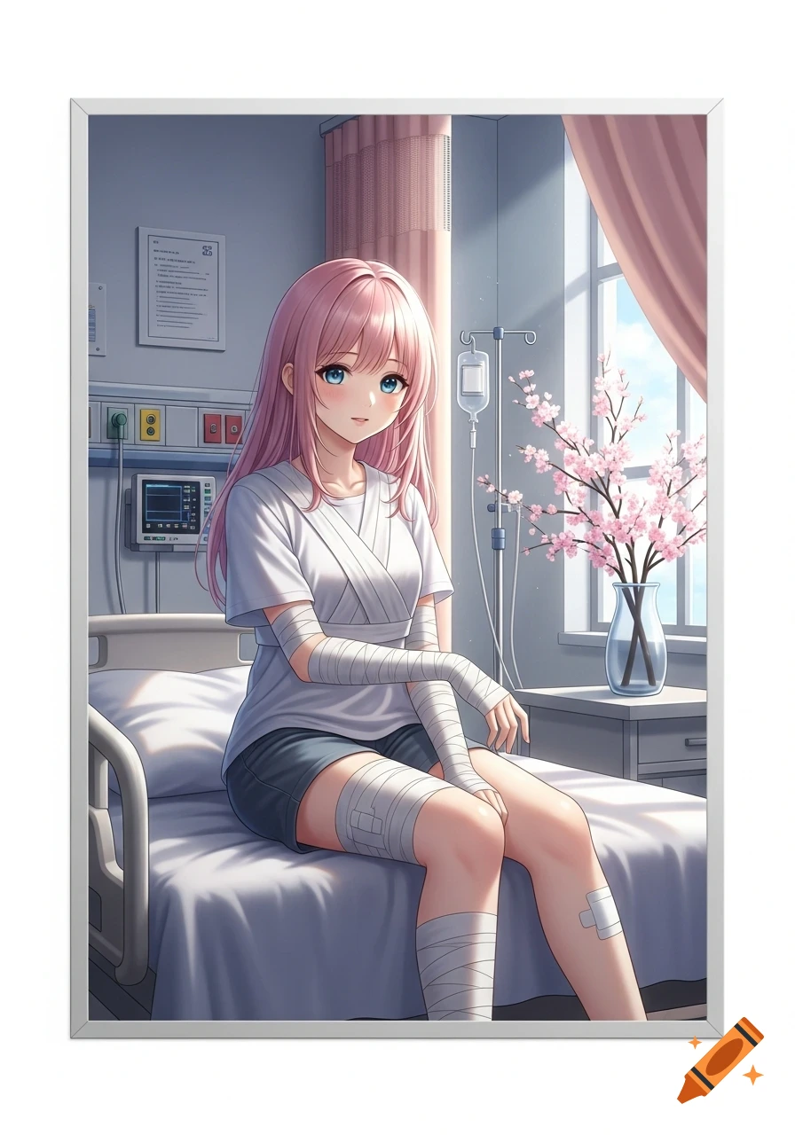 Anime girl with pink hair and blue eyes sitting on a hospital bed, arms and legs bandaged, with cherry blossoms by the window.