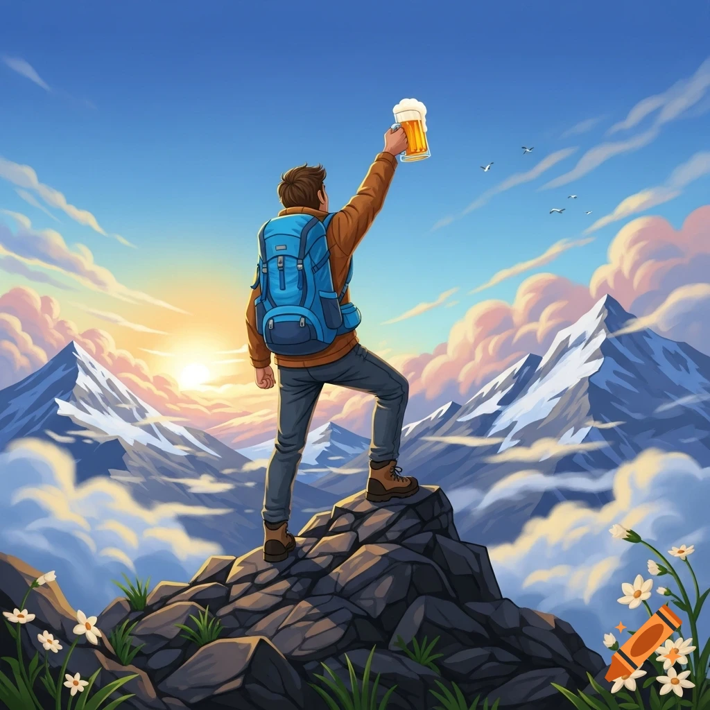An illustration of a hiker on a mountain peak, raising a glass of beer at sunrise. Snow-capped mountains and clouds in background.