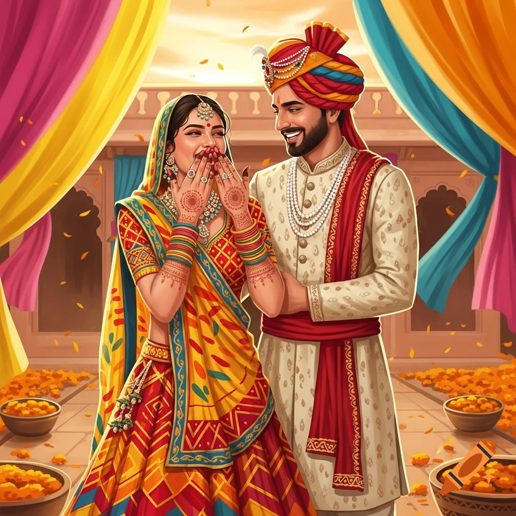 A happy Rajasthani couple in vibrant traditional attire, adorned with jewelry and mehndi, amidst colorful drapes and flower petals.