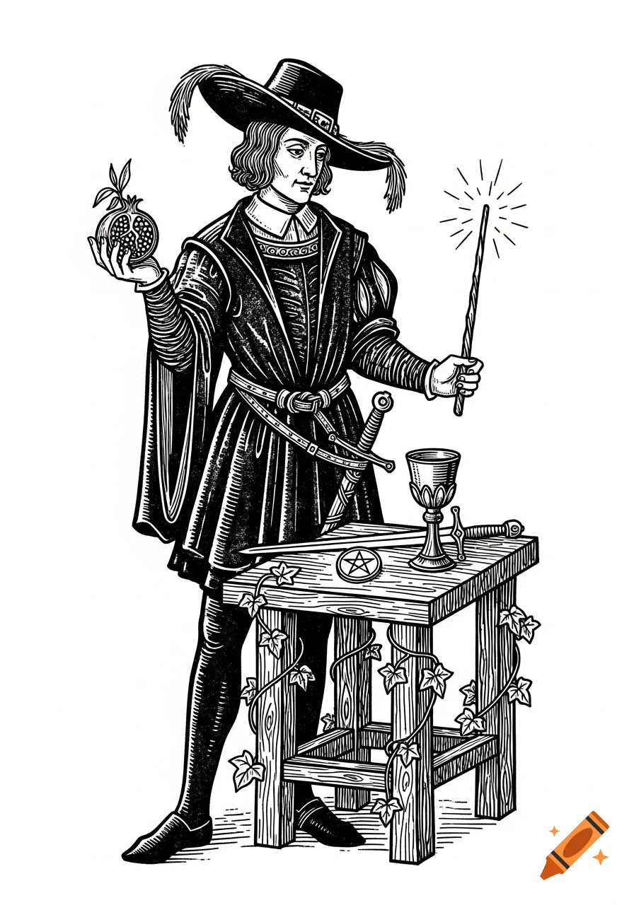 A black and white woodcut of a magician holding a pomegranate and a glowing wand, standing behind a table with a pentacle, sword, and goblet.
