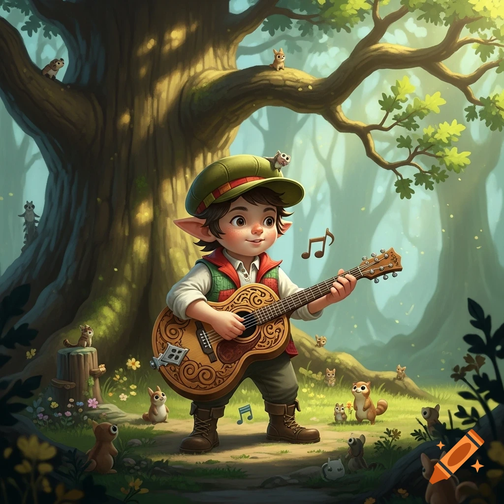 A cute elf boy plays a guitar in a whimsical forest, surrounded by small animals, in a detailed storybook style.