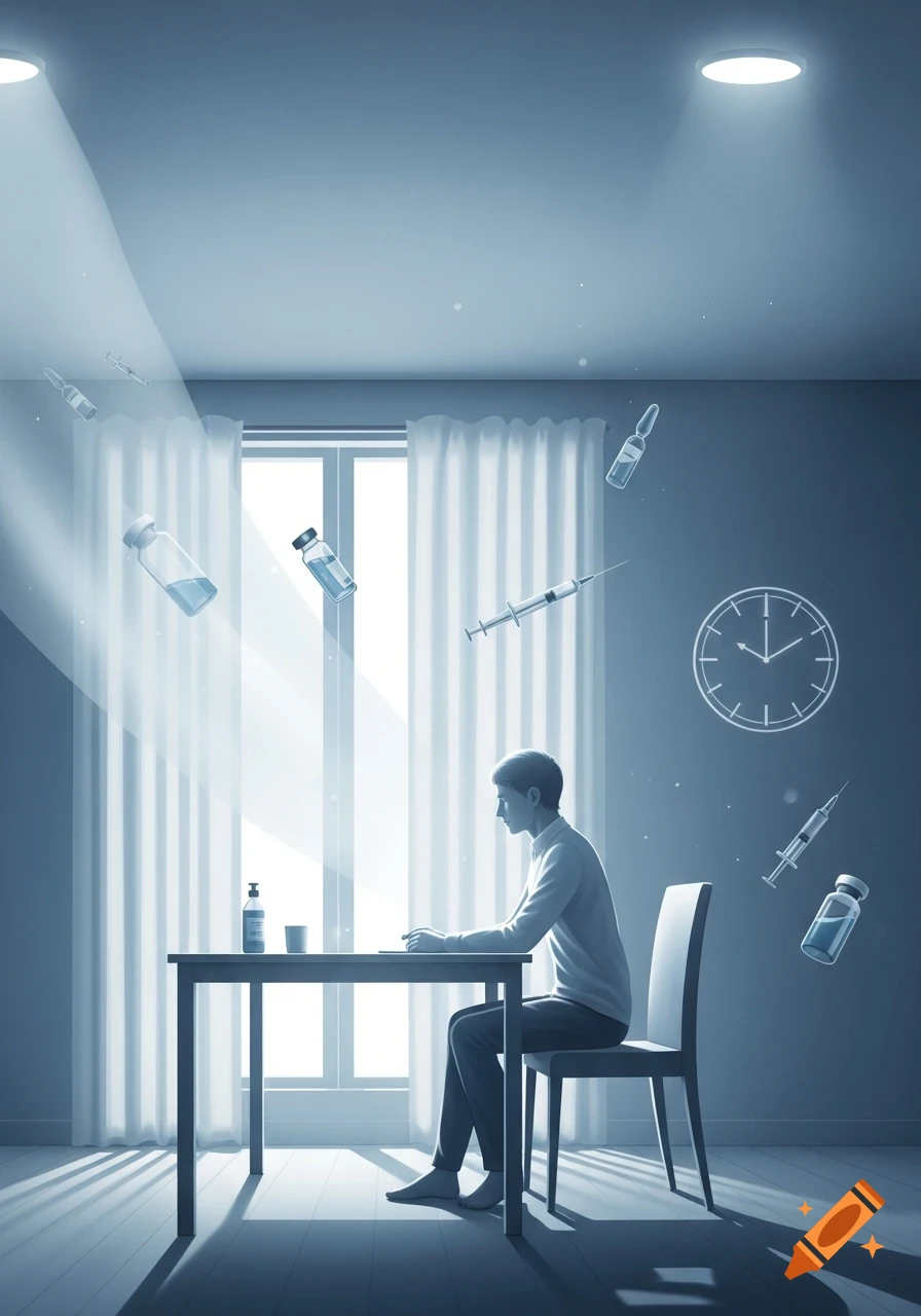 A man sits at a table in a room with medical supplies like vials and syringes floating around him, bathed in cool light from a window and ceiling fixtures.
