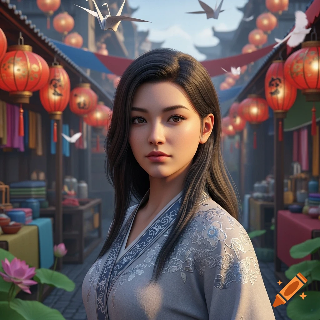 A realistic portrait of a young East Asian woman with long dark hair, wearing traditional attire, standing in a vibrant market with red lanterns and paper cranes.
