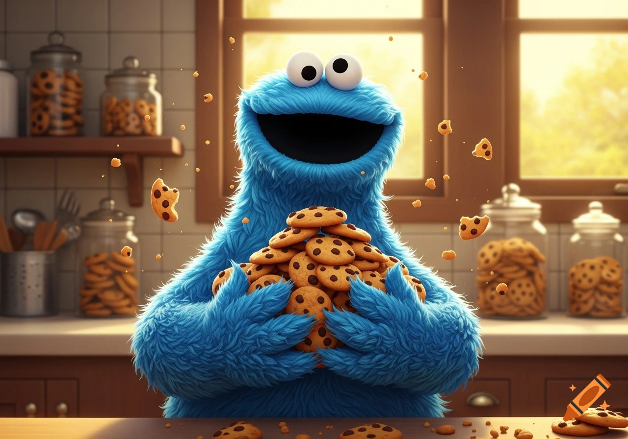 Cookie Monster gleefully holds a large pile of chocolate chip cookies in a sunlit kitchen, with more cookies scattered around.