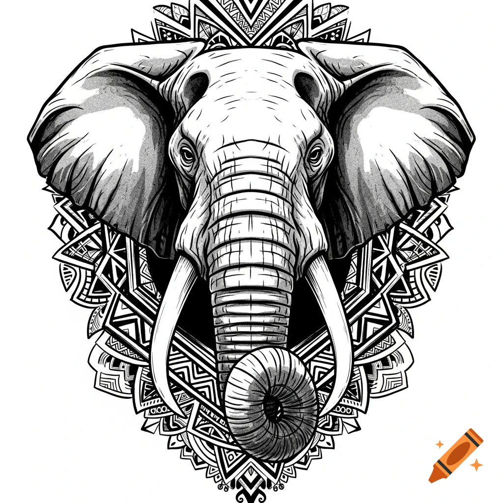 Black and white illustration of an angry elephant head facing forward, framed by a cool African pattern.