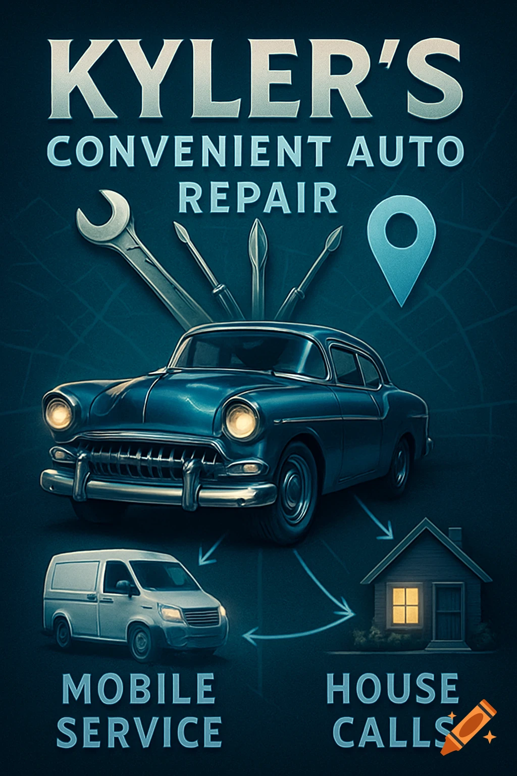 Kyler's Convenient Auto Repair poster with a classic car, tools, mobile service van, and house call icon on a dark blue map background.
