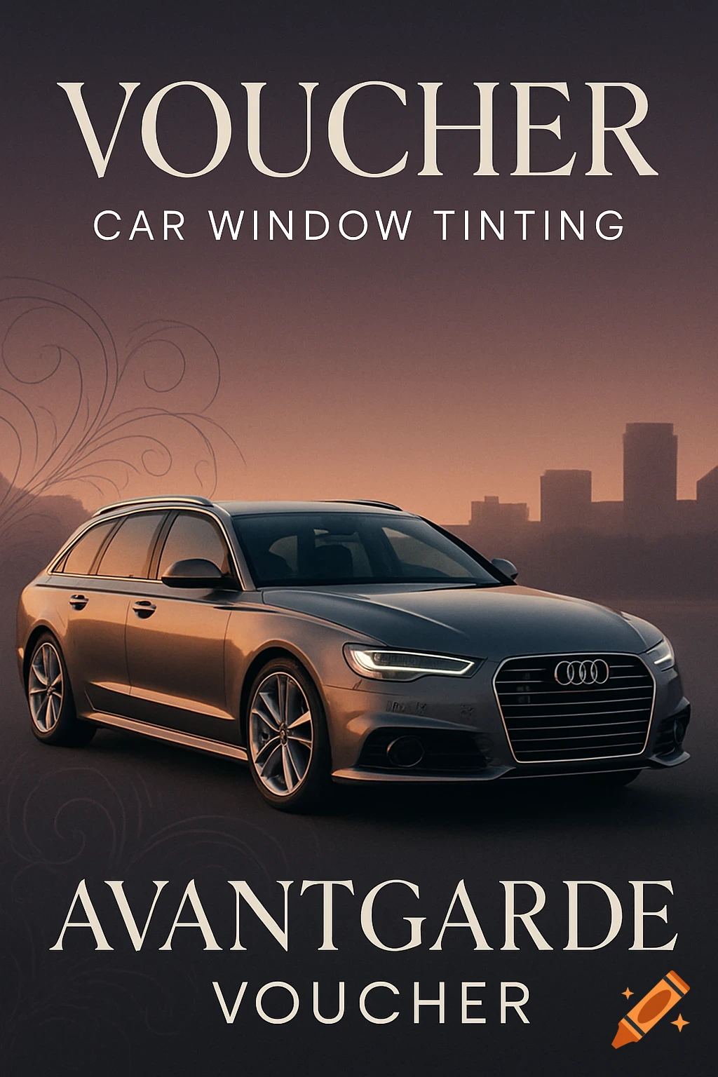 A voucher template for car window tinting, featuring a dark grey Audi A6 Avantgarde against a sunset cityscape silhouette. The text reads "VOUCHER CAR WINDOW TINTING" at the top and "AVANTGARDE VOUCHER" at the bottom.