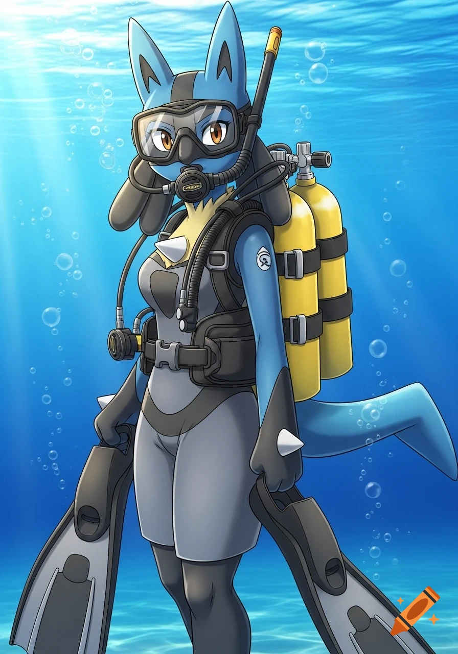 An anime-style anthropomorphic Lucario from Pokemon, wearing a grey wetsuit, black scuba mask, snorkel, and yellow twin air tanks, underwater with bubbles.