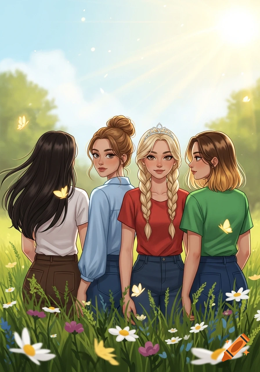 Four diverse cartoonish girls stand in a sunny field filled with colorful flowers and butterflies. One girl wears a tiara.