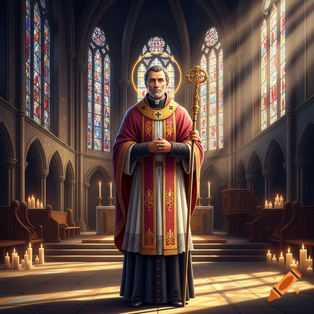 A solemn saint in a red and gold vestment holds a staff inside a grand cathedral with stained glass windows.
