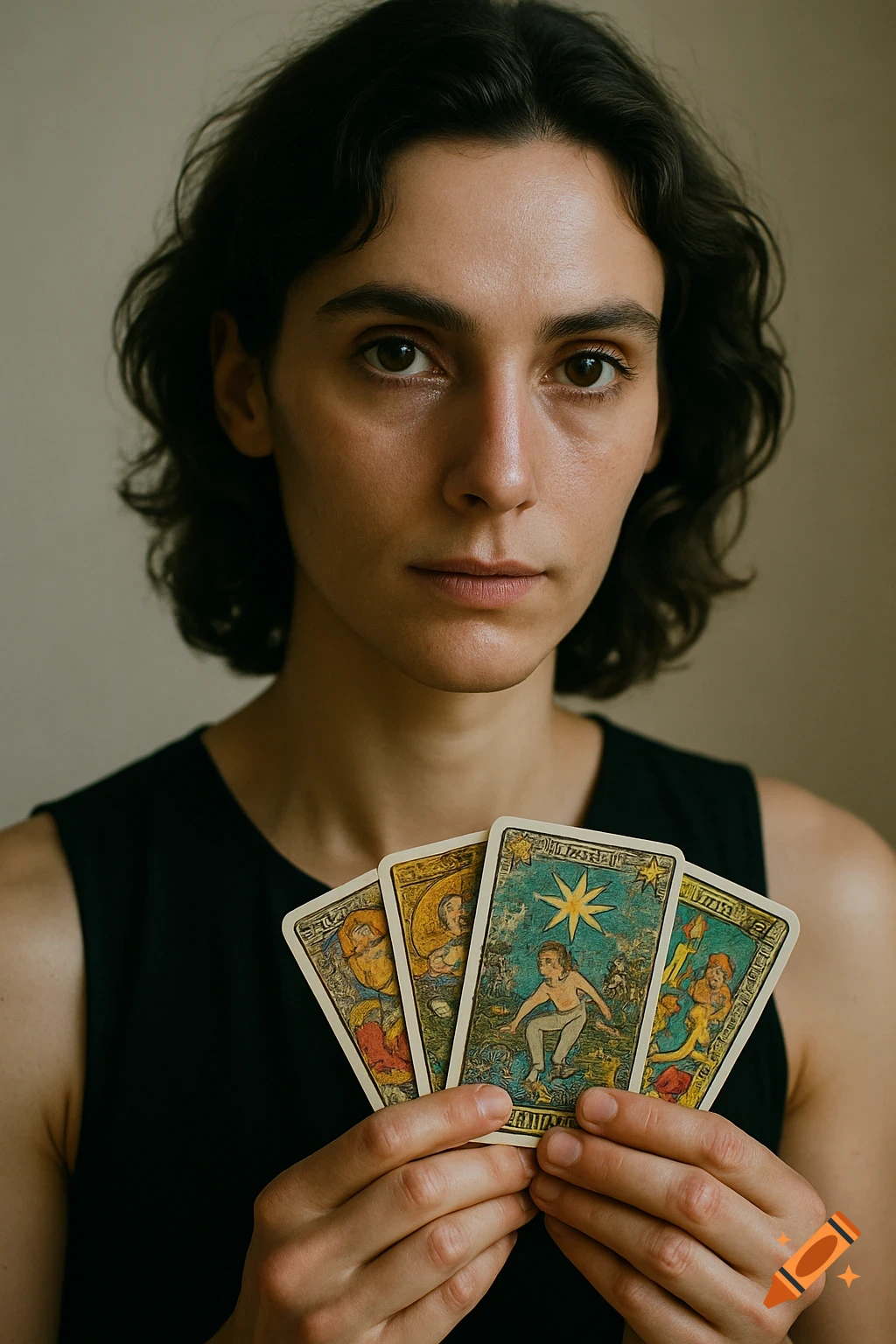 A person with dark curly hair and dark eyes wears a black sleeveless top, holding four detailed tarot cards.