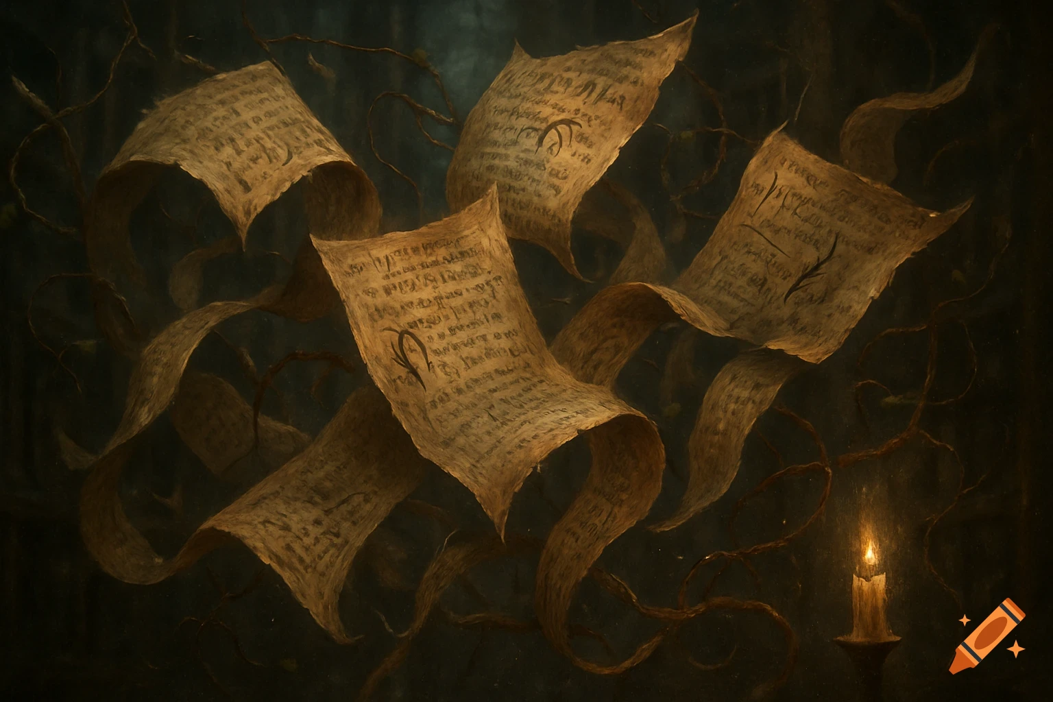 Mangled text on floating, old scrolls with tendrils, illuminated by a single candle in a dark, atmospheric setting.