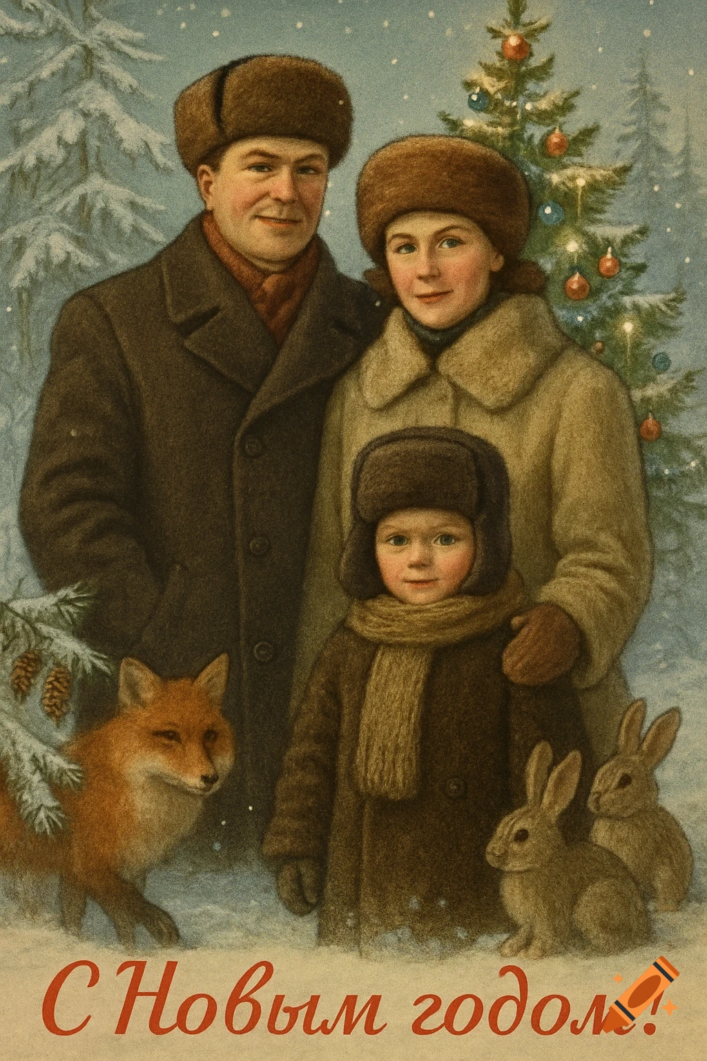 Vintage illustration of a family in Soviet winter attire with a fox, rabbits, and a Christmas tree in snow. 'Happy New Year!' in Russian.