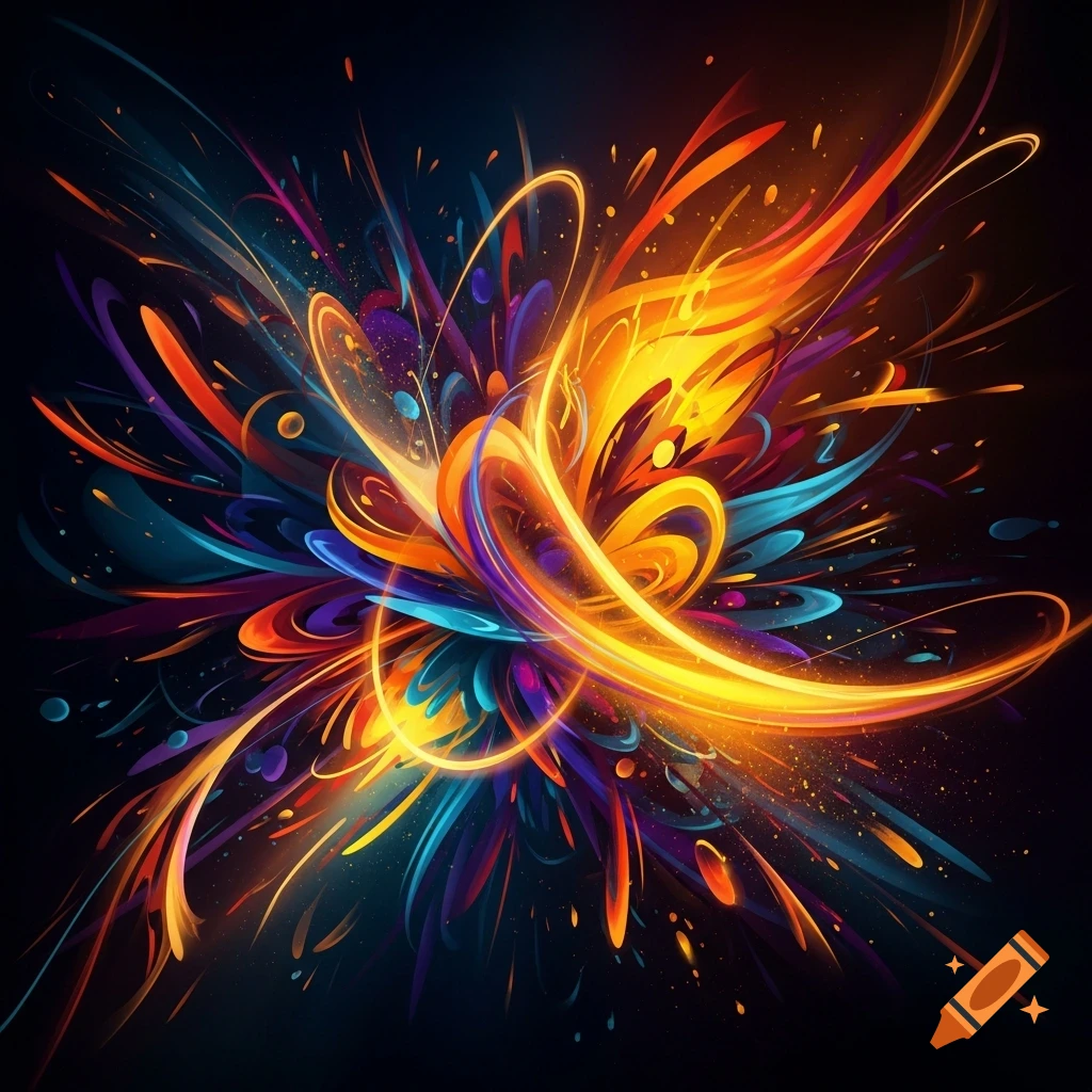 An abstract explosion of glowing orange, yellow, blue, and purple light streaks and splashes on a dark background.