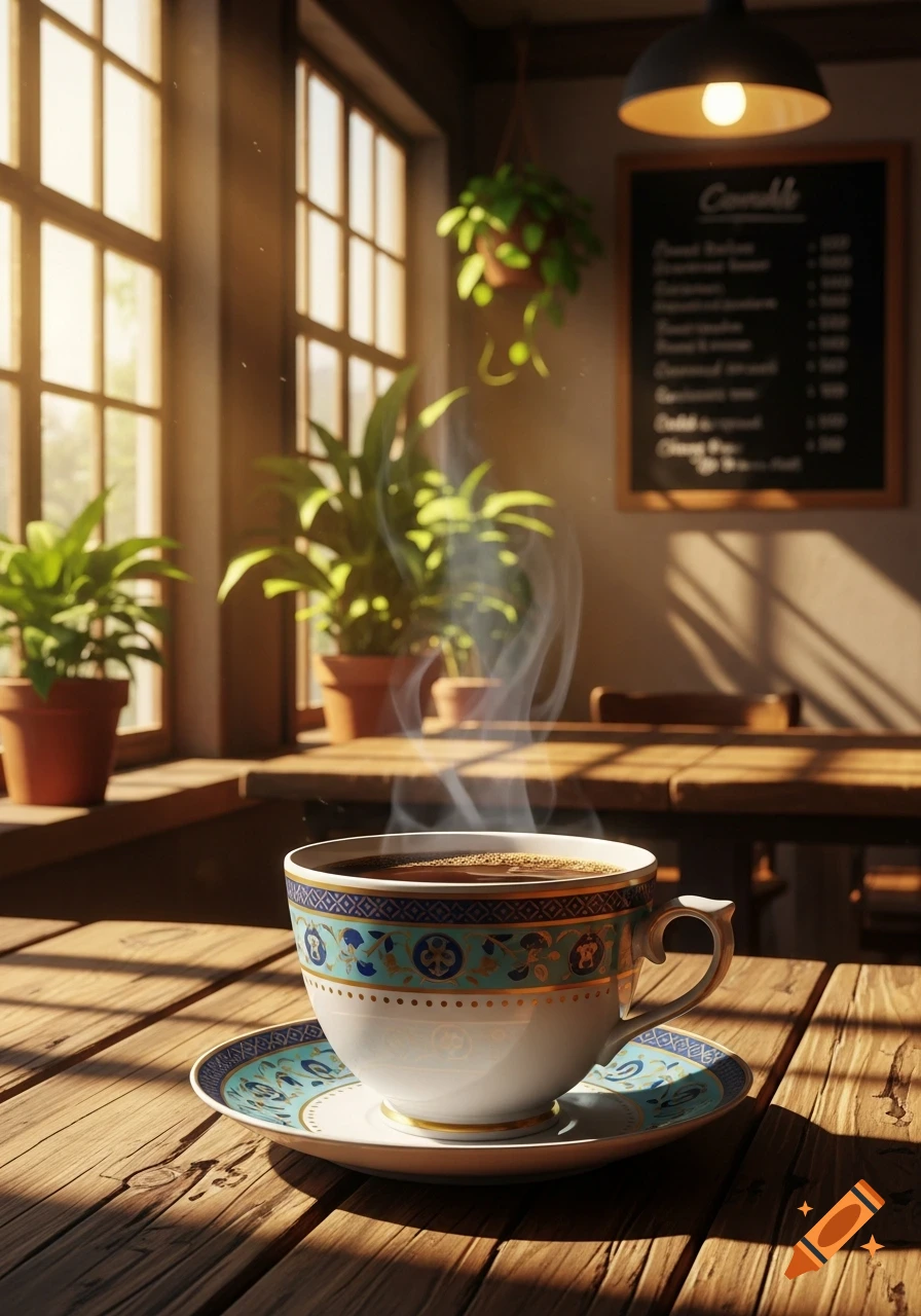 A steaming cup of coffee with intricate blue and gold patterns sits on a wooden table in a sunlit cafe with plants and a blurred menu board.