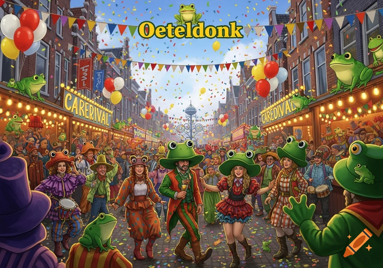 A colorful, festive street scene, possibly a carnival, with many people dressed in frog costumes and hats, confetti falling, and banners. The text 'Oeteldonk' is at the top.