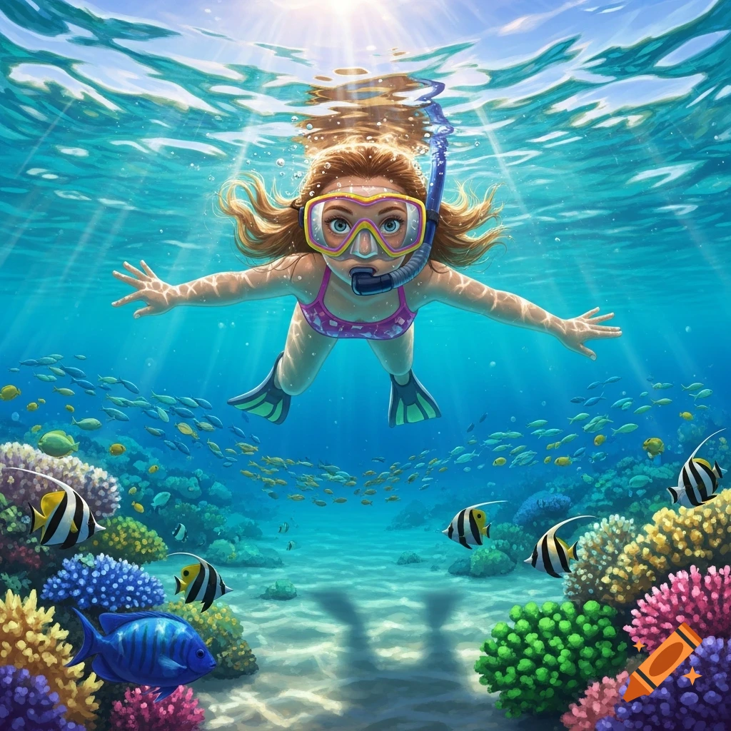 A girl with a snorkel mask and flippers swims underwater amidst colorful coral and tropical fish, with sunlight rays filtering from above.
