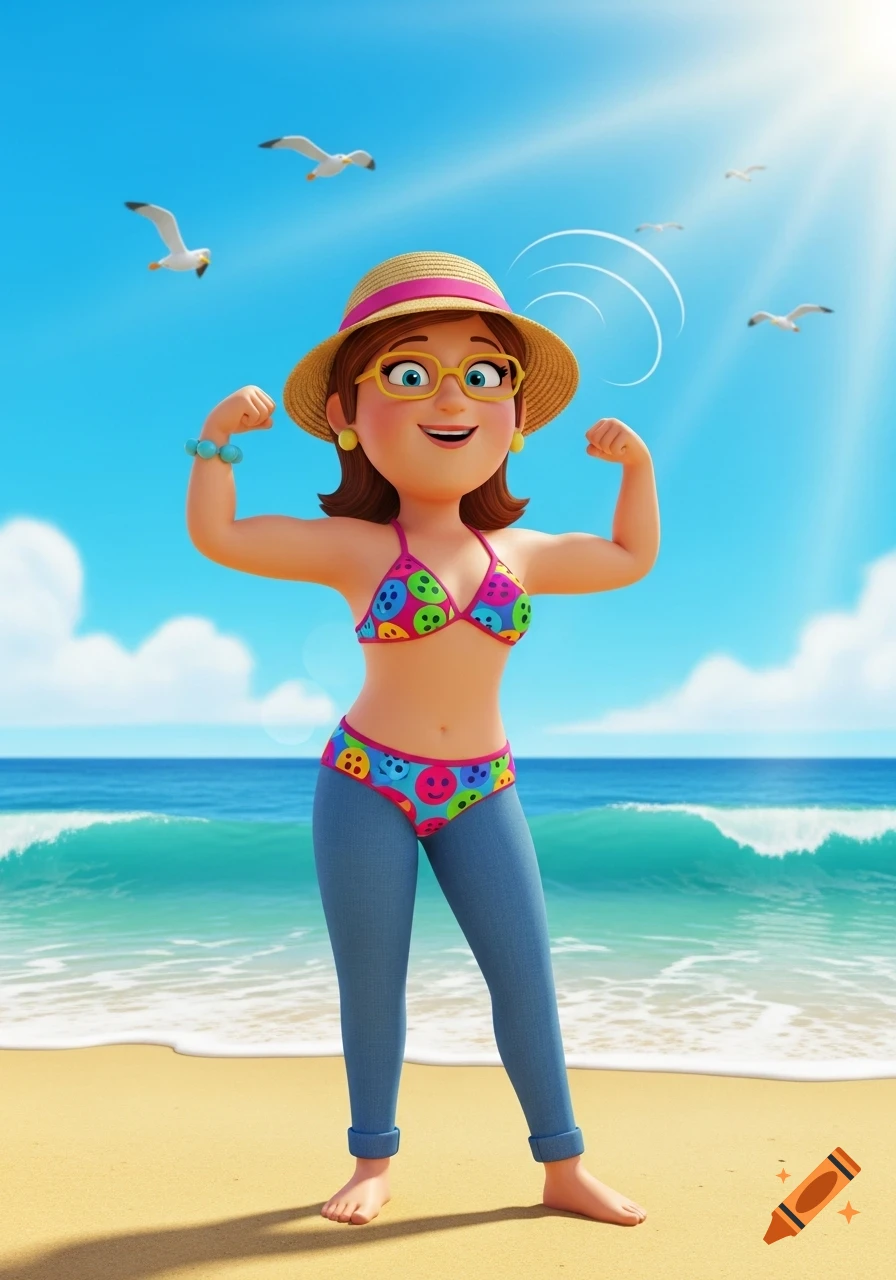 A smiling 3D cartoon woman in a straw hat, colorful bikini top, and blue jeans flexes on a sunny beach with seagulls.