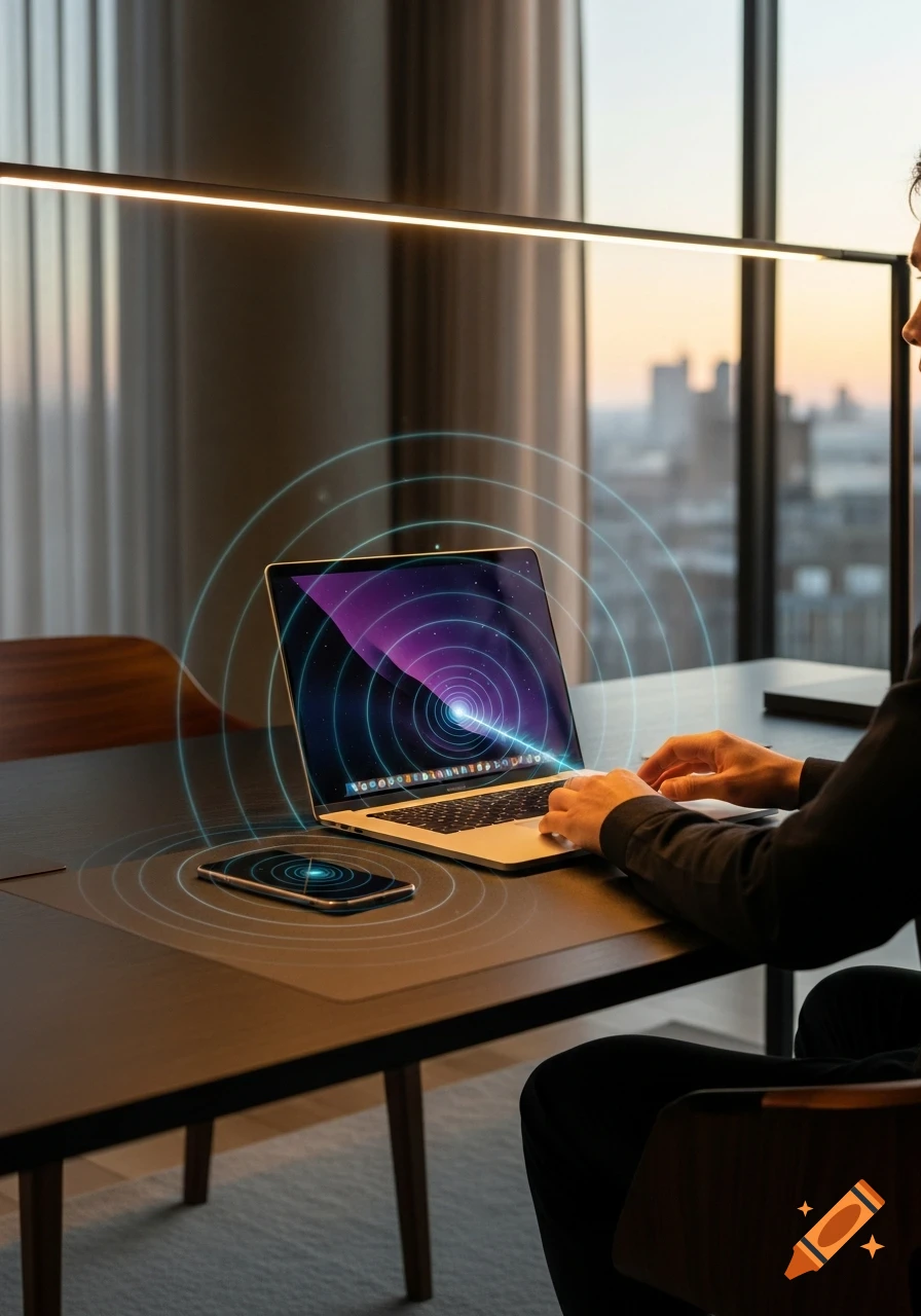 Person typing on a laptop with a smartphone nearby, both emitting blue circular electromagnetic signals, in a modern office.