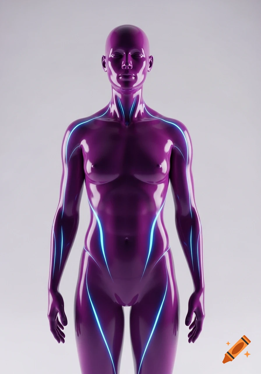 A glossy purple 3D rendered human figure with glowing light blue lines on its body, against a plain background.