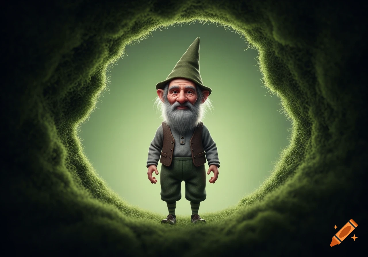A cartoonish gnome with a long grey beard and green pointed hat stands in a textured green void.