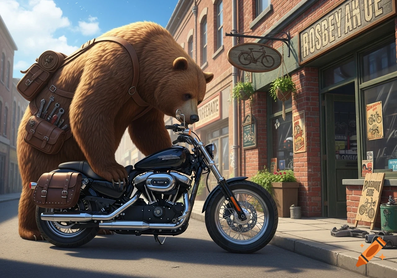 A large brown bear with tool-filled saddlebags stands beside a black Harley Davidson motorcycle on a city street, in front of a brick bike shop.
