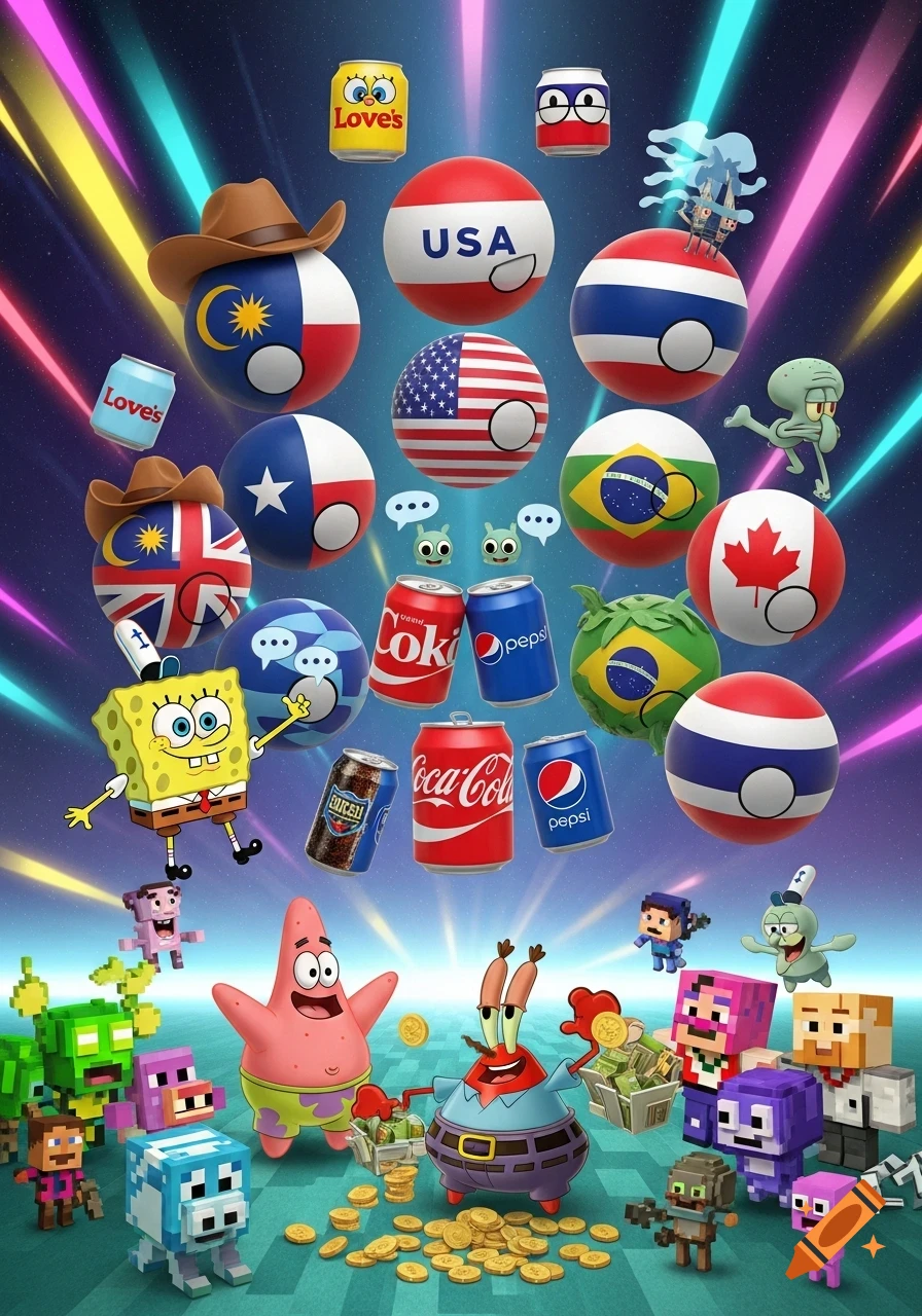 A vibrant image featuring SpongeBob, Patrick, Mr. Krabs, Squidward, and Minecraft-style characters surrounding country balls, soda cans, and coins.