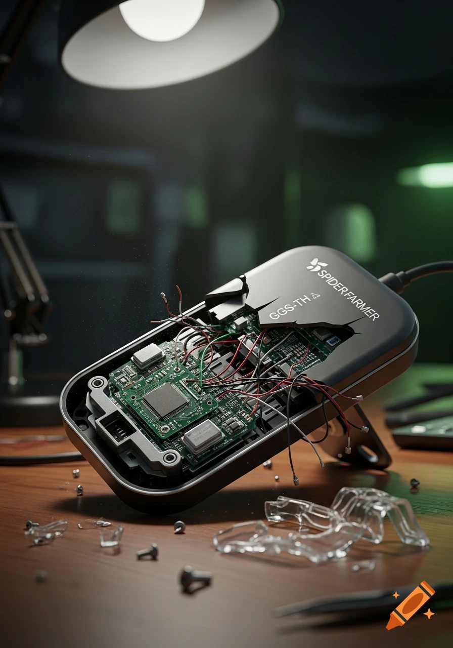 Photorealistic image of a broken Spider Farmer GGS-TH sensor, exposing circuit board and wires, on a wooden desk with tools.
