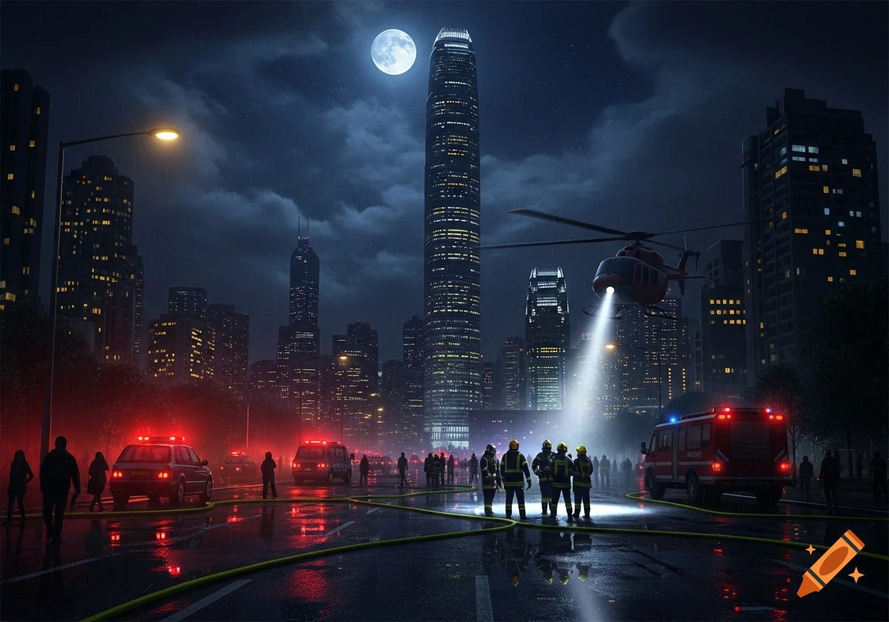 Nighttime cityscape with a tall skyscraper, a helicopter, emergency vehicles with red lights, and firefighters on a wet street.