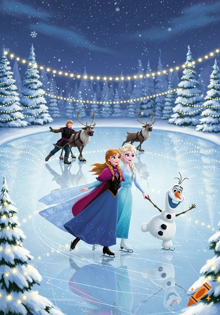 Anna, Elsa, Kristoff, Olaf, and two reindeer ice skate at night in a snowy forest with Christmas lights.