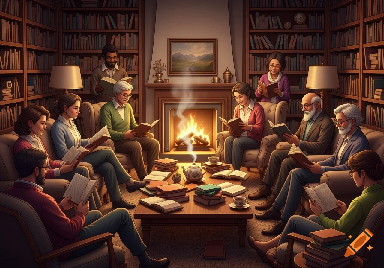 A diverse group of adults sits in a cozy, wood-paneled library around a fireplace and coffee table, all engrossed in reading books.