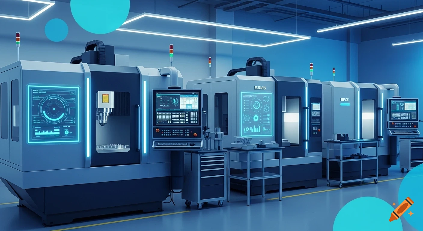 Modern manufacturing facility featuring blue-lit CNC machines with glowing digital displays showing data, and a sleek blue and teal color scheme.