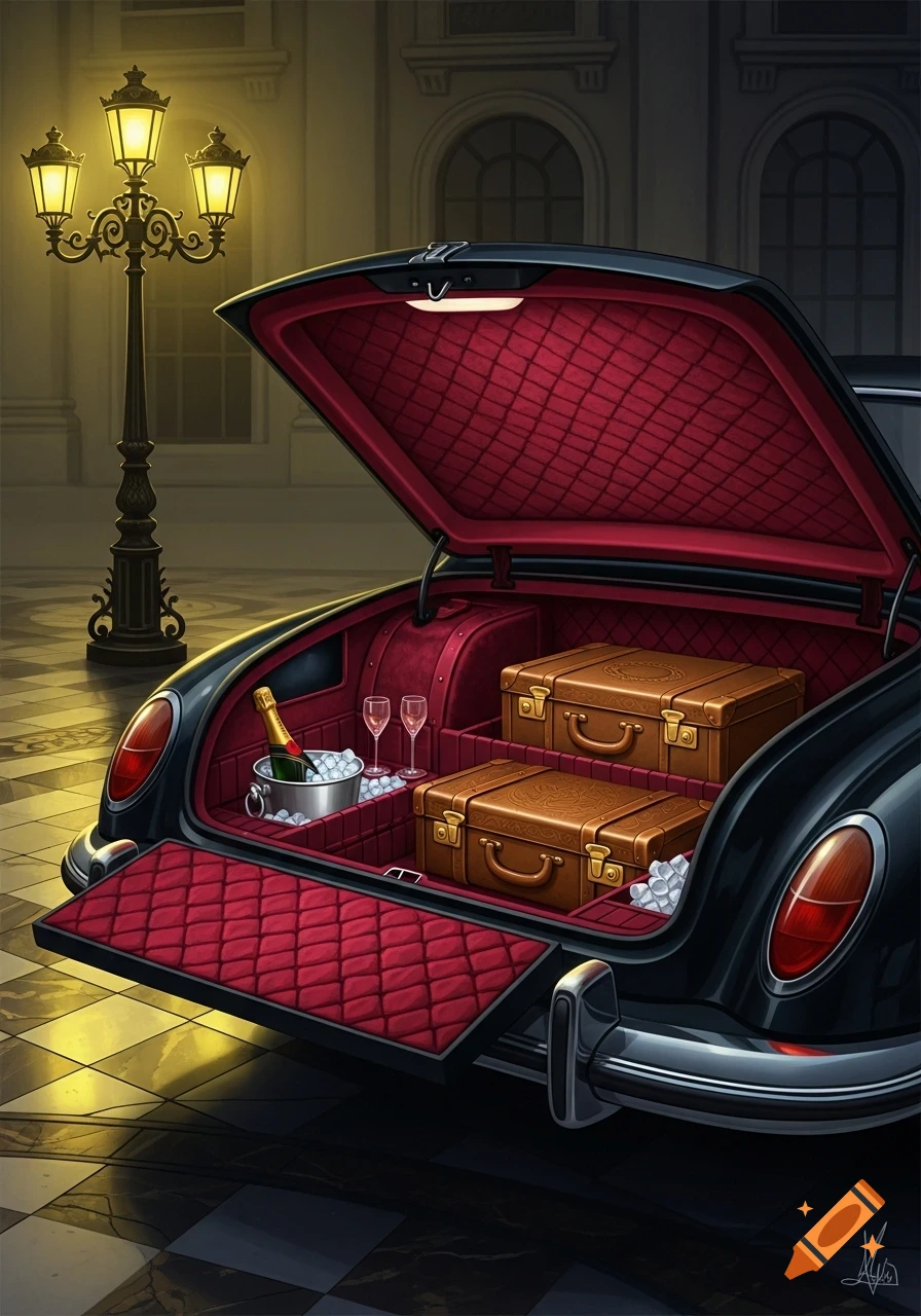 An open black vintage car trunk with red quilted lining, two brown suitcases, a champagne bucket, and glasses, illuminated by a streetlamp.