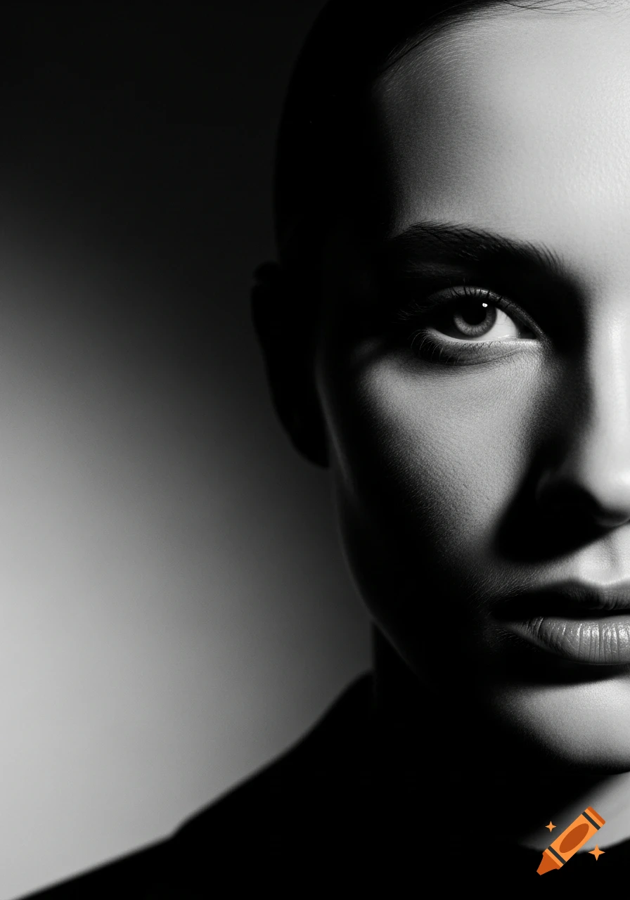 Close-up black and white portrait showing the right half of a person's face, illuminated by side light, left side in shadow.