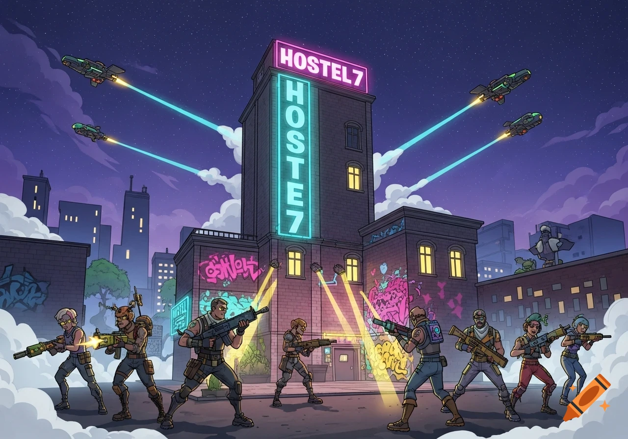 Comic-style illustration of armed characters standing before a glowing 'Hostel 7' building at night, with spaceships flying by.