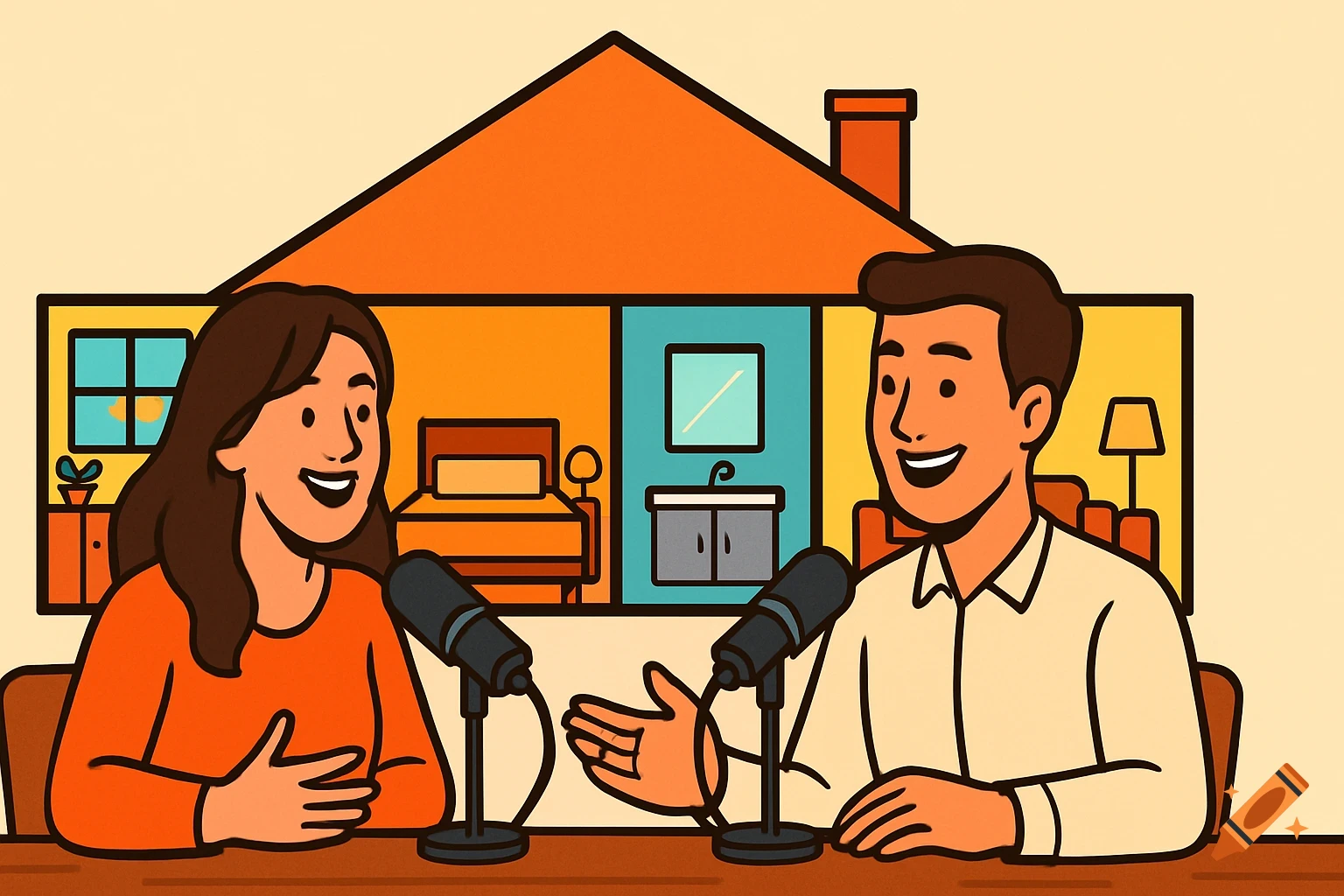 A flat cartoon illustration of a man and a woman podcasting at a table, smiling, with a cutaway house showing various rooms behind them.