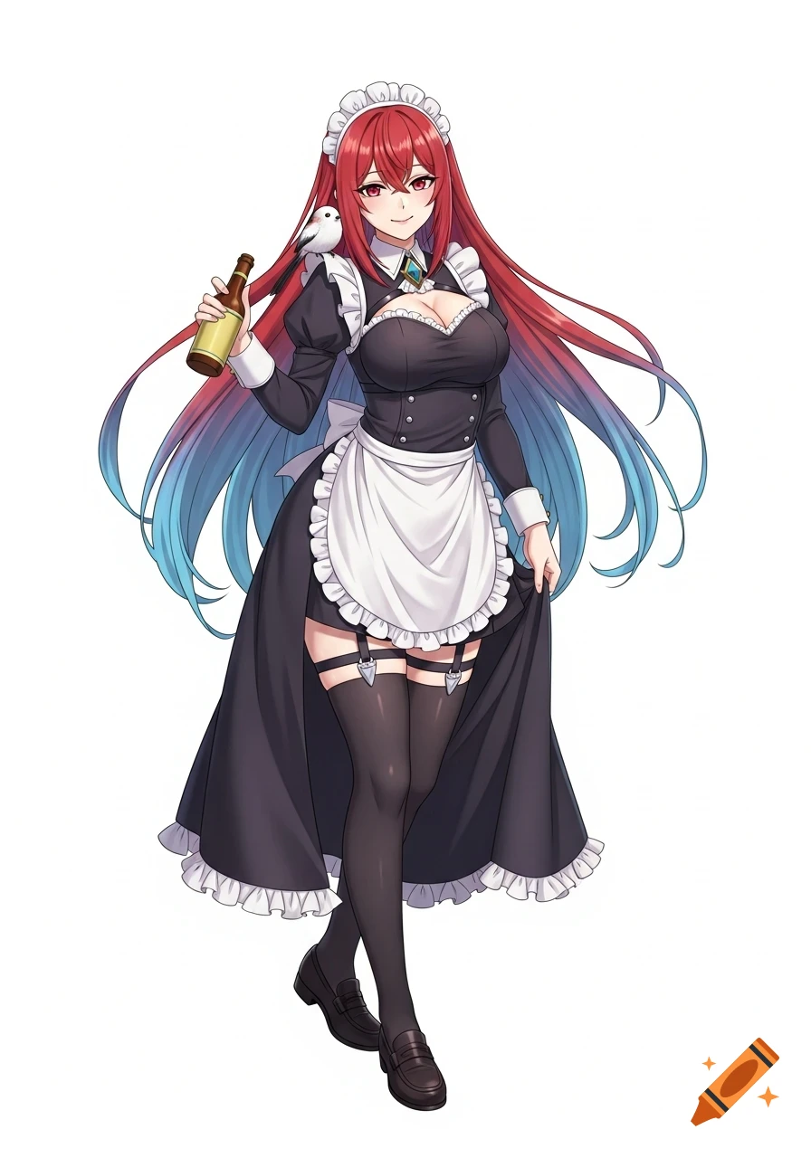An anime woman with long red and blue hair, wearing a black maid dress with a white apron, holding a bottle with a bird on her shoulder.