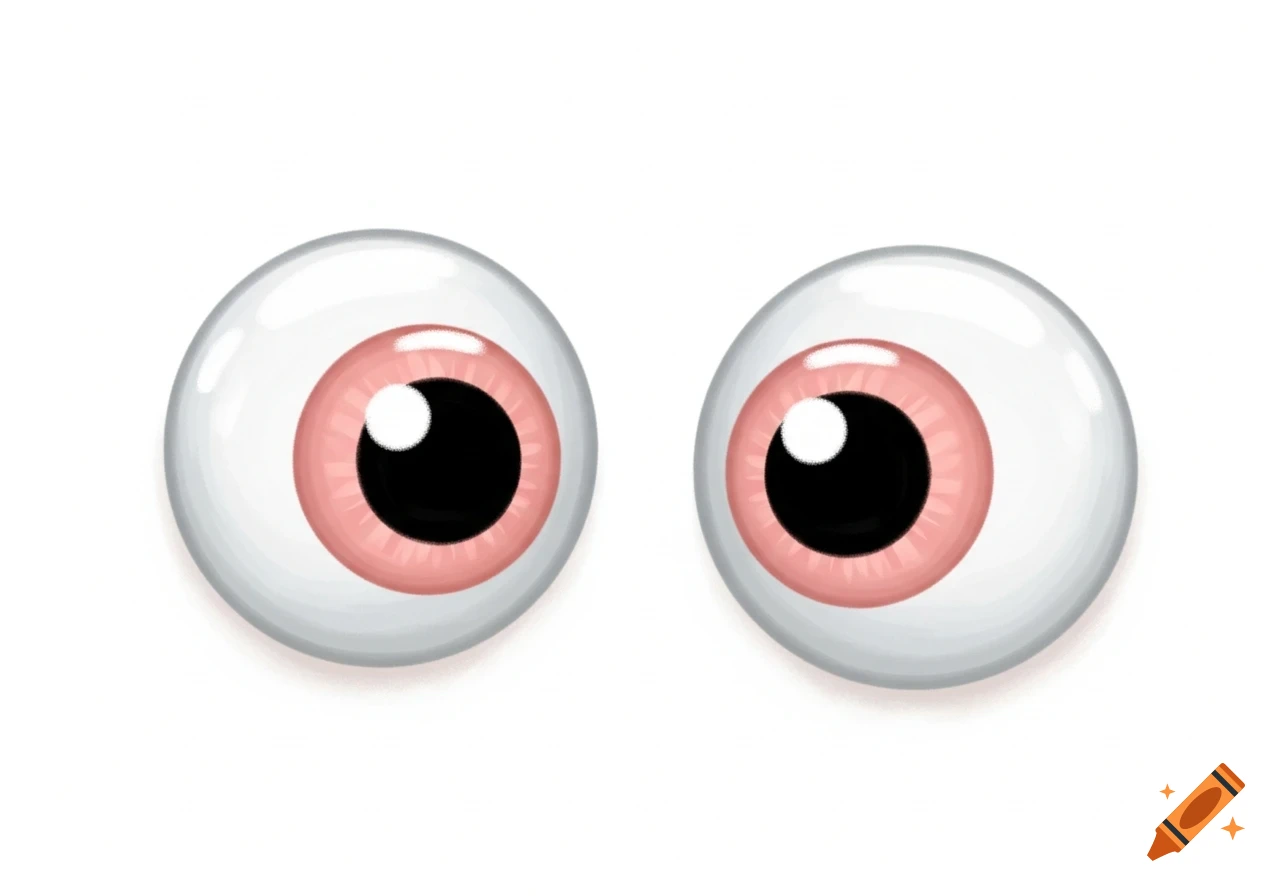 Two cartoon googly eyes with pink irises and black pupils, on a white background, in a painted style.
