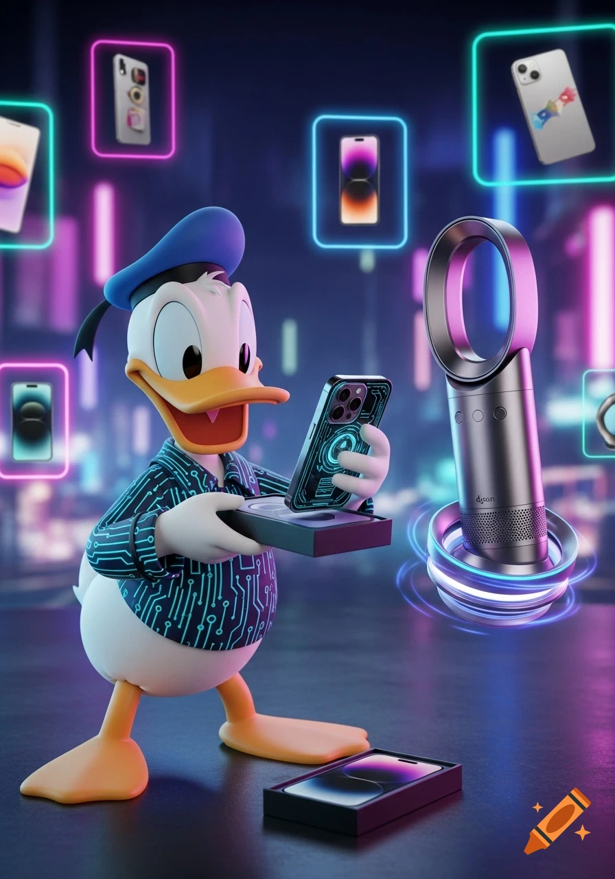 Donald Duck as a tech influencer unboxes an iPhone in a vibrant, neon-lit scene with floating electronics and a Dyson fan, in a cartoon-hyperrealistic style.