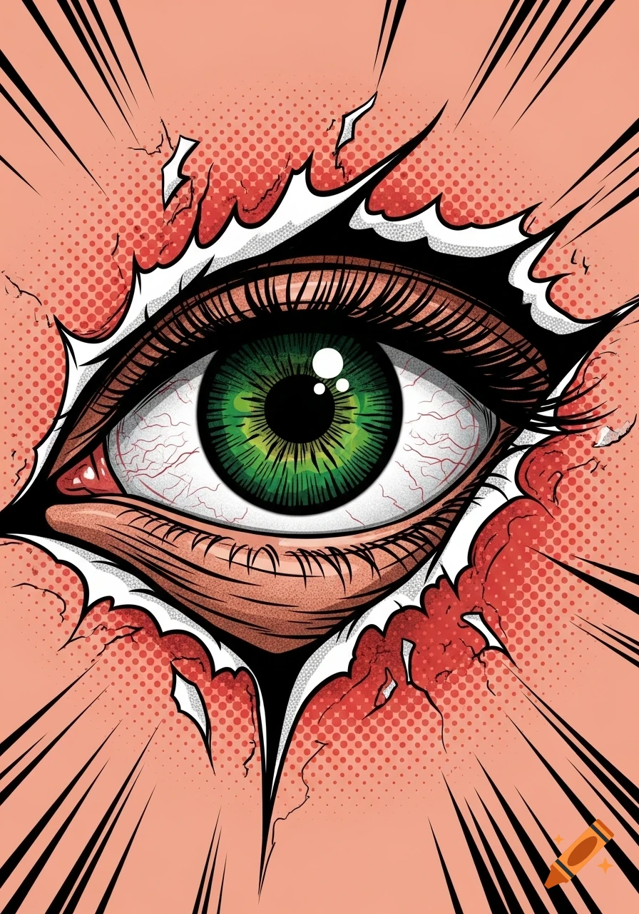 A comic book style illustration of a bloodshot green eye peering through jagged, torn skin with speed lines.