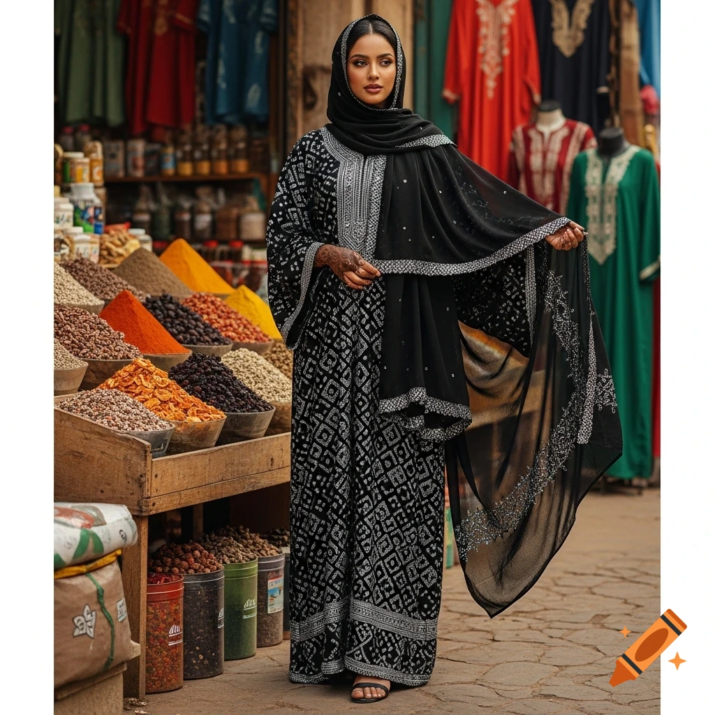 A woman in a black patterned abaya and hijab poses in a vibrant spice market, surrounded by colorful mounds of spices and textiles.