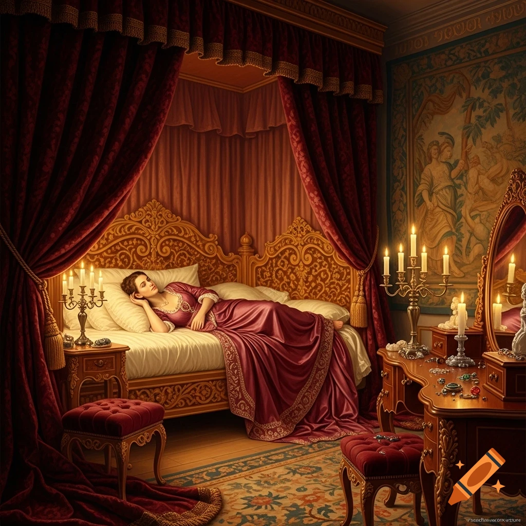 A classical painting of a woman in a long red dress reclining on a golden canopy bed in a lavish renaissance boudoir.
