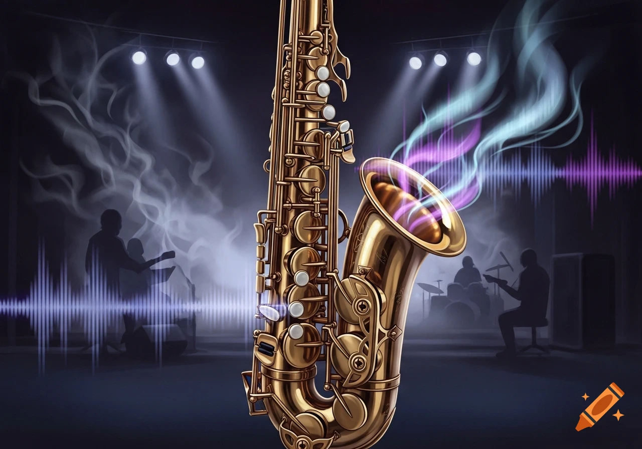 A golden saxophone stands centered on a dark stage with silhouetted musicians, spotlights, smoke, and vibrant sound waves.